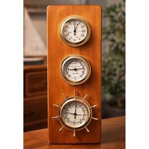 VTG Nautical Weather Station Wood Ship Wheel Thermometer Barometer Hygrometer